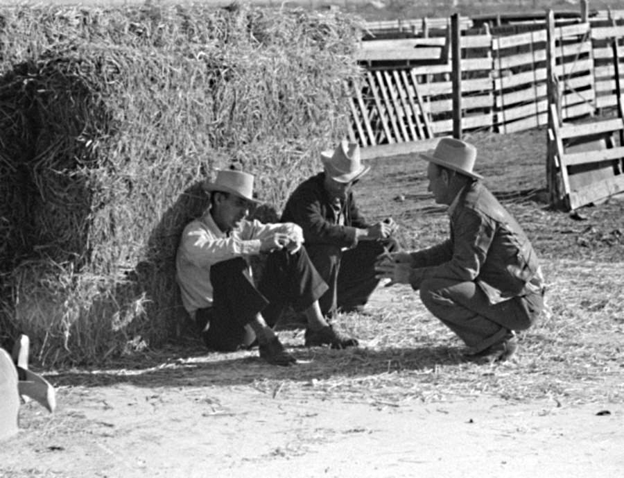 Cattlemen talk at stockyards in 1939