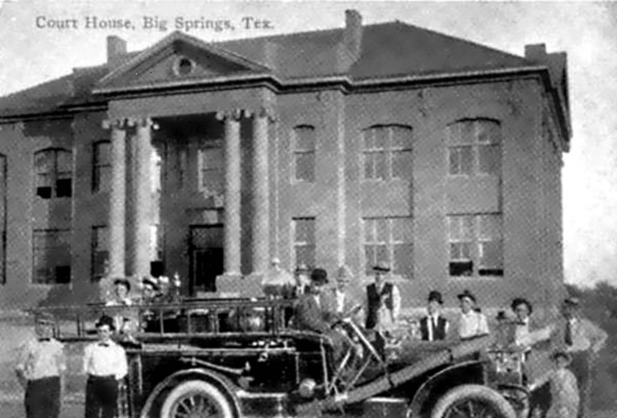 Court House in Big Spring Texas with Fire Engine in 1900s