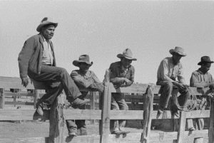 Cowboys sitting on fence Marfa Tx 1939
