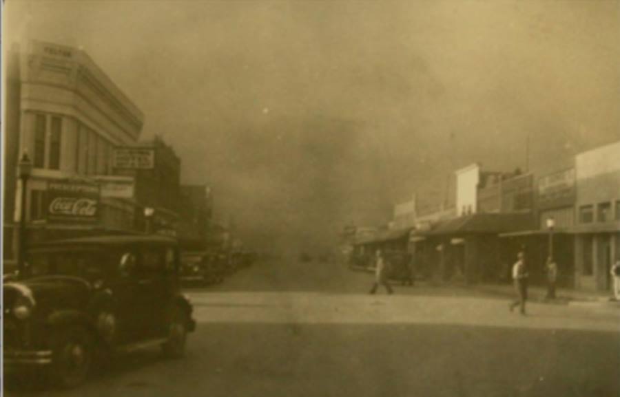 Downtown Dalhart During Dust Storm in 1936