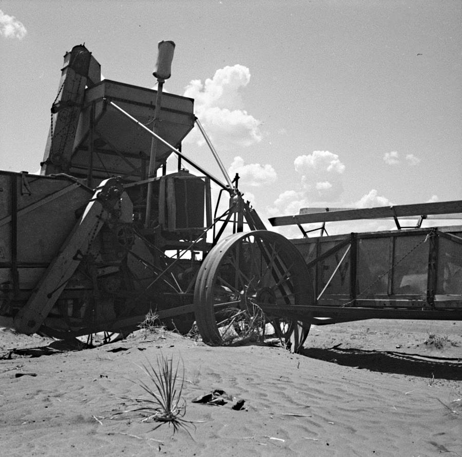Dust covered combine