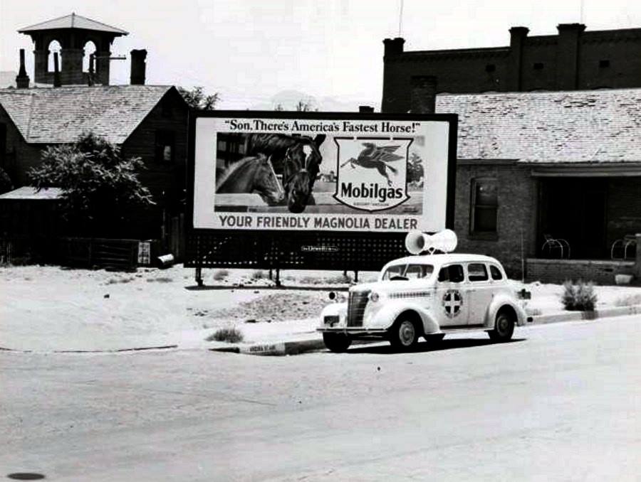El Paso Police Car Beside Mobilgas Billboard in 1930s
