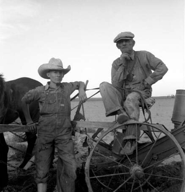 Farmer and Son on Horse Drawn Planter c1930s