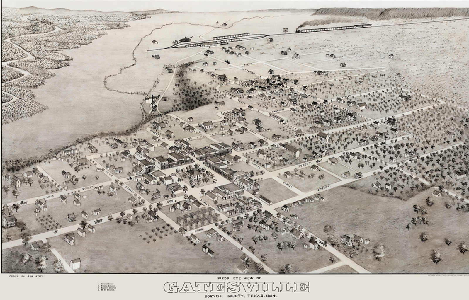 Hand-Drawn Bird's Eye View of Gatesville in 1884